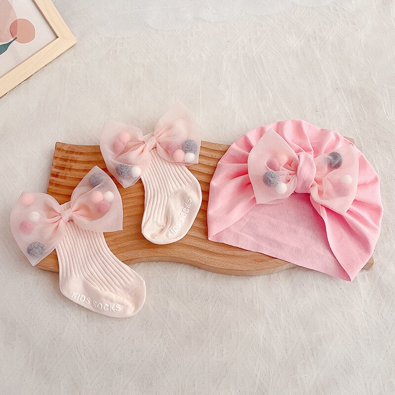 2 Stuks Baby Meisje Hoed Sokken Set Zomer Katoenen Sokken Voor Pasgeborenen Leuke Kant Boog Foetale Cap Baby Meisjes Douche Milamiya