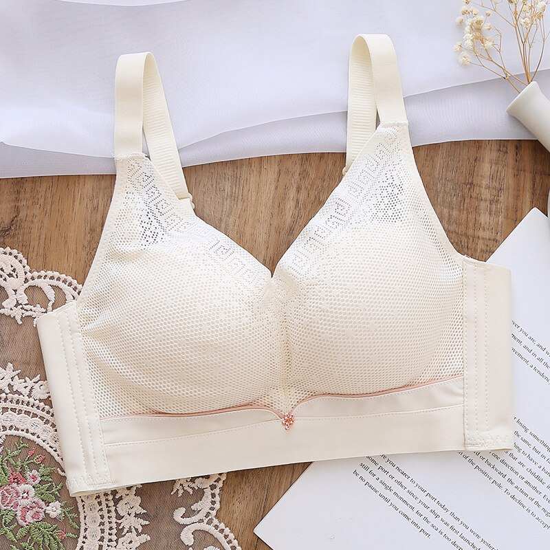 Spring Summer Ladies No Steel Ring Bra Anti-Sagging Latex Cotton Underwear Soft Father Tube Top Small Chest Breathable Bra: Champagnes / 38 85AB