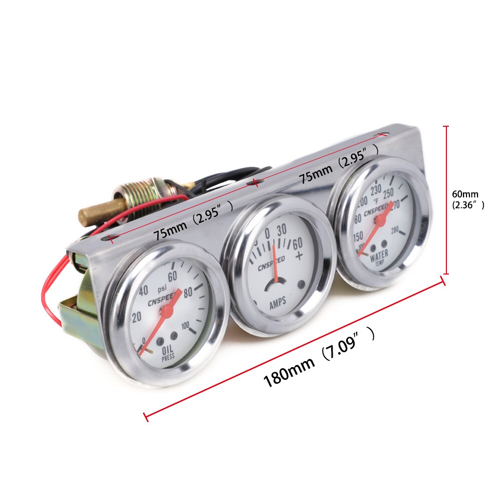 CNSPEED 2&quot; Amp Gauge Water Temp Oil Pressure meter Triple Auto Gauge Set with sensor YC101323