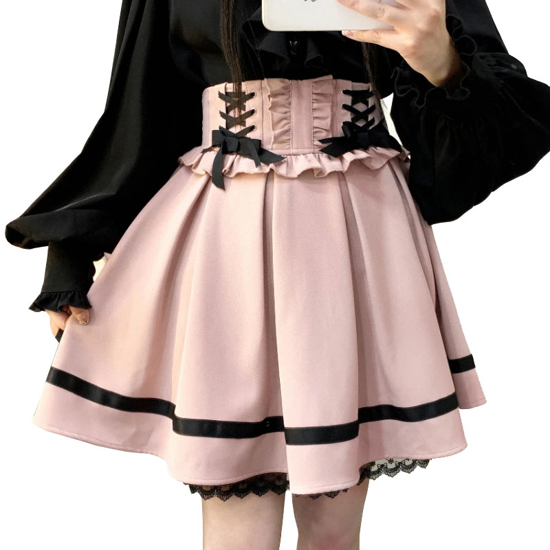 Japansk kawaii lolita mini nederdel kvinder høj talje pink blå bandage fe  y2k æstetisk nederdel afslappet sød flæsenederdel