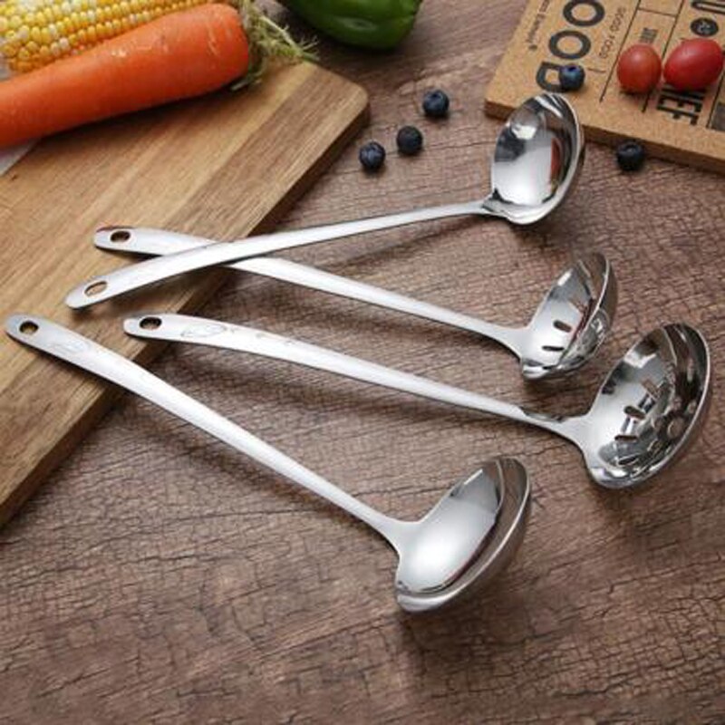 1PC Stainless Steel Cookware Soup Ladle & Colander Spoon Set Long Handle Slotted Spoon Skimmer Kitchen Accessories Pot Spoon