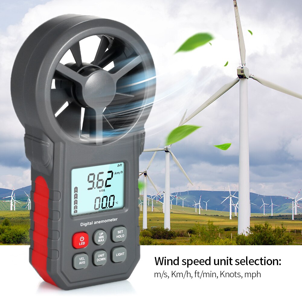 Digital Anemometer LCD Wind Sensor Wind Speed Meter Air Velocity Air Temperature Test Tool Wind Speed Gauges with Flashlight
