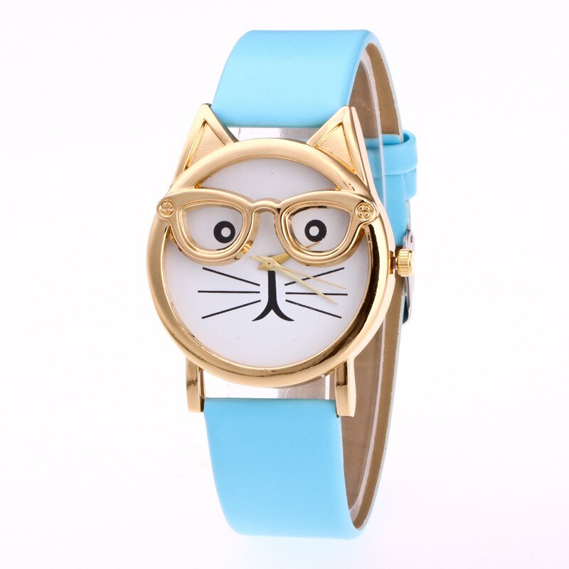 Hello kitty tegneserie sød kat bære briller børn se børn leopard ur fødselsdag studerende dreng pige farverigt ur: Himmelblå