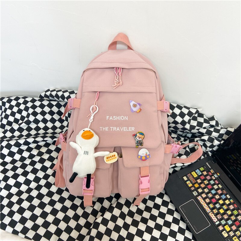 Moda wodoodporne kobiety plecaki nylonowa płócienna torba na ramię kobieta Bagpack duże tornistry szkolne dla nastolatka: Różowy / With pendant