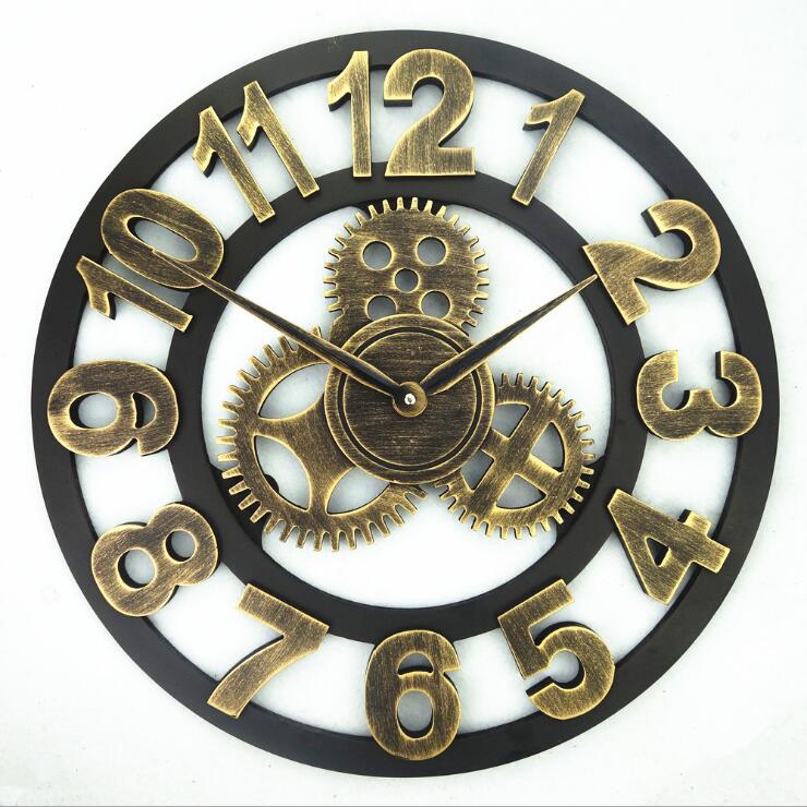 Industrial Gear Wall Clock Decorative Retro MDL Wall Clock Industrial Age Style Room Decoration Wall Art Decor (Without Battery): Digital golden-40cm