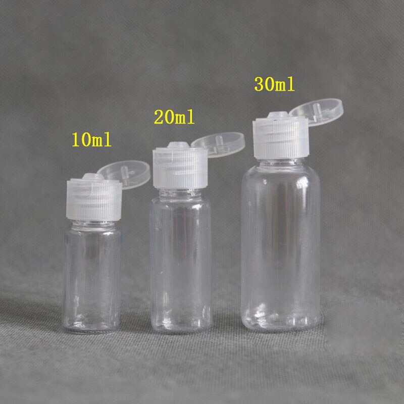 10 stk 5ml 10ml 20ml 30ml plastik kæledyr gennemsigtigt klap-låg lotionflasker kosmetisk prøvebeholder rejse væske med skruelåg fylde hætteglas: 10ml / Klar hætte