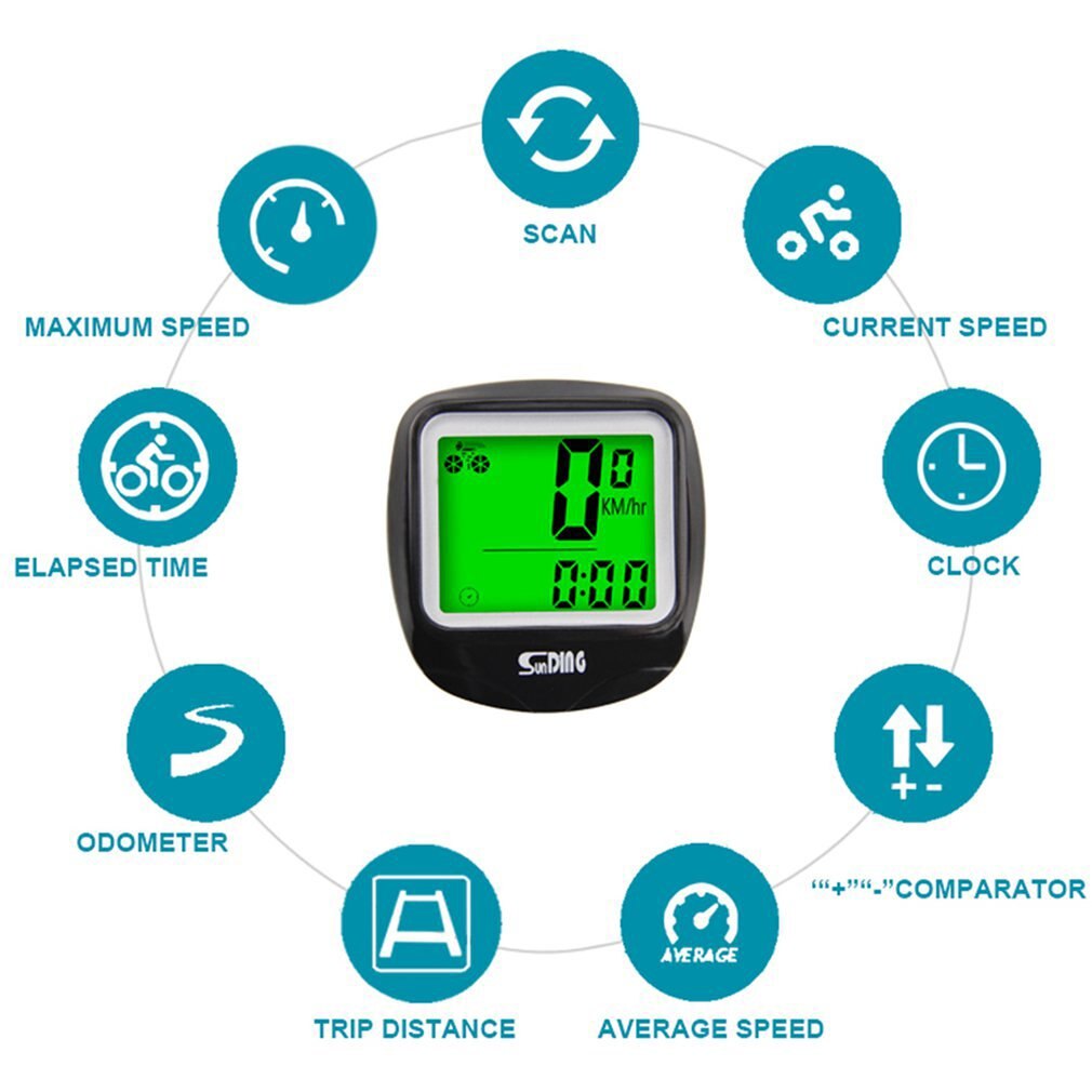 Sunding SD-568AE Bike Computer Cycling Computers Bicycle Speedometer Wireless Waterproof Stopwatch Odometer LCD Backlight Black