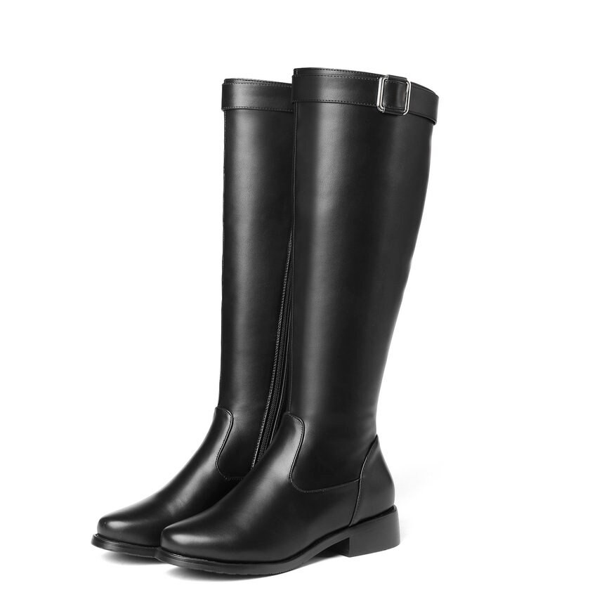 Qutaa damestøvler pu skinn kvinner knehøye støvler firkantet lav hæl vinterstøvler damesko stor størrelse 34-43: 4