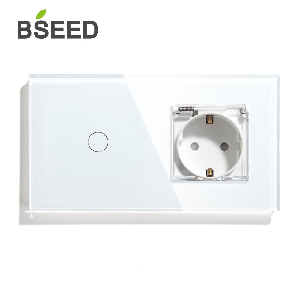 BSEED Waterproof EU Standard Wall Socket Switch 1Gang 1 Way 2 Way Switch 3 Colors Crystal Glass Panel Touch Switch
