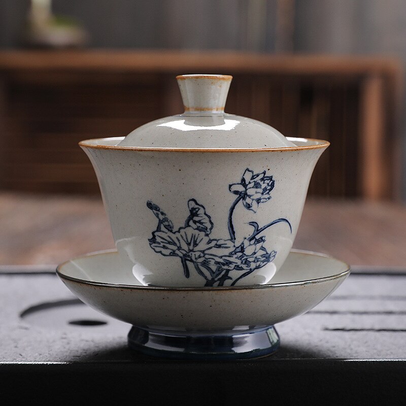 Retro Jingdezhen Hand-painted Tea Set Bowl China Kung Fu Tea Set Thick Pottery Bowl Ceramic Blue and White Tea Bowl Tea Set: l