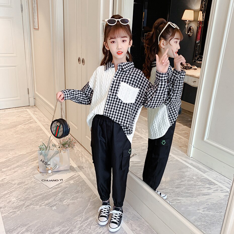 Shirts For Girls Plaid Pattern Blouse For Girl Patchwork Children's Shirts For Girls Spring Autumn Teenage Clothes For Girls