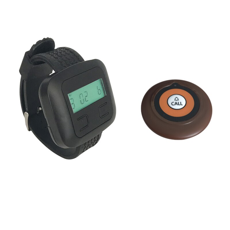  Wireless Waiter Calling System 1 Wrist Watch Receiver +2 Super Thin Call Buttons For Restaurant Coffee Shop: Brown