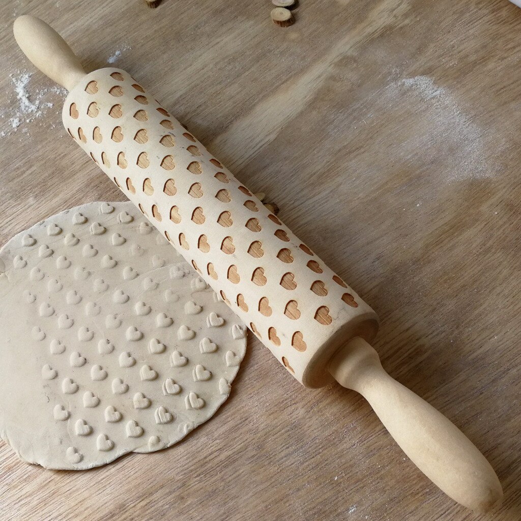 Holz Präge Rolle Werkzeug Kuchen Diy Herz aufbringen Valentinstag Backen Kekse Rouleau Konditorei Motiv Teig rollen Stift