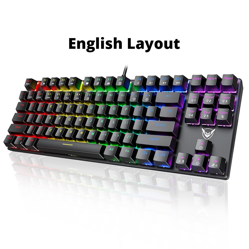 PICTEK PC244 Wired Gaming Keyboard Mechanical keyboard RGB LED Backlit USB Blue Switch 87 Keys Keycaps For Computer PC Gamer: English Layout