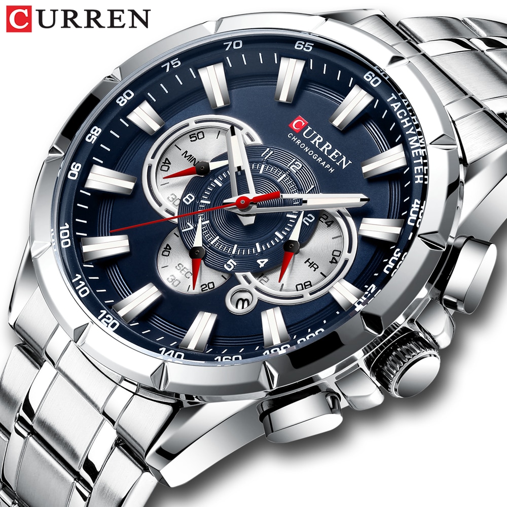CURREN Casual Sport Chronograaf Heren Horloges Roestvrij Stalen Band Horloge Grote Wijzerplaat Quartz Klok met Lichtgevende Pointers