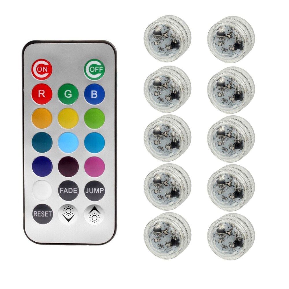 Ip68 waterdichte, veelkleurige onderwaterlampen met 3 leds, op batterijen, rgb-nachtlampje voor aquariums, afstandsbediening: 1 afstandsbediening 10 lampen