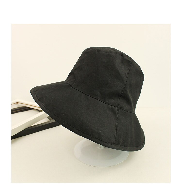 South Korea Traval Wild Hat Female Spring Summer Large Brim Sun Visor Collapsible Bucket Hat UV Cotton Foldable Fishmen Hat: Black