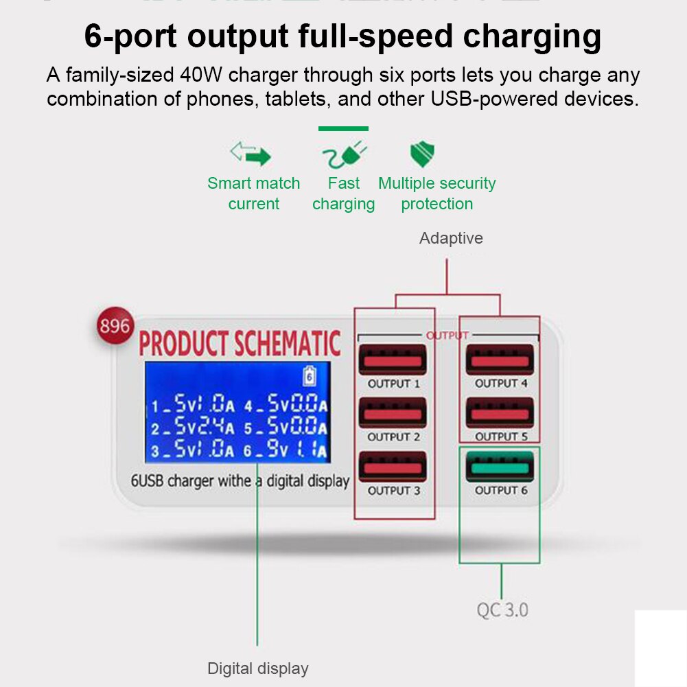 USB Wall Charger Hub with LCD Display 6 Ports 40W Mobile Phone Charger Smart Fast Charging Station For Mobile Phones Tablet PC