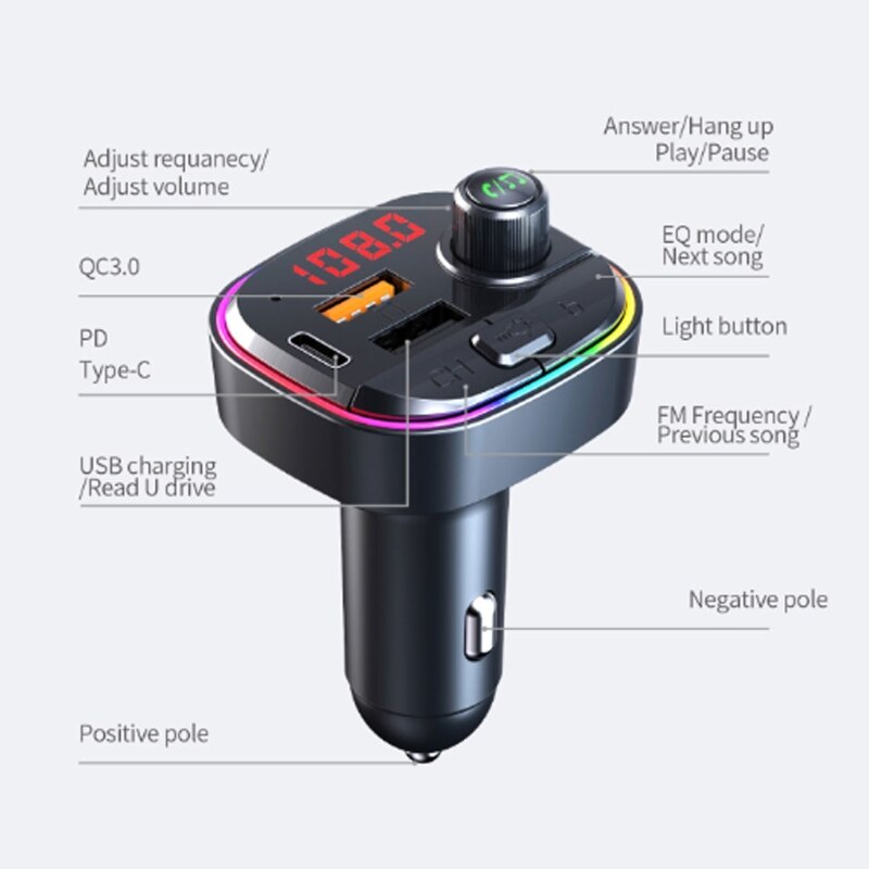 Bluetooth 5.0 fm sender  qc3.0 pd hurtig usb oplader adapter trådløs bil  mp3 spiller håndfri bilsæt med farverige lys