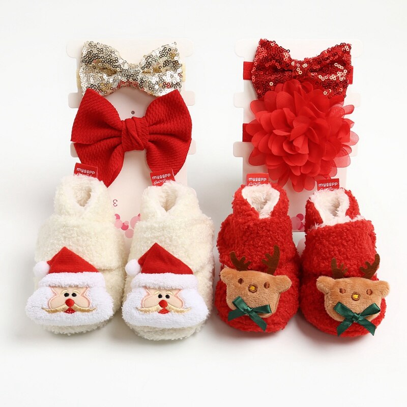 Winter Baby Eerst Lopen Schoenen Meisje Jongen Zachte Anti-Slip Schoenen Kerst Herten Kerstman Baby Schoenen + 2 hoofdbanden