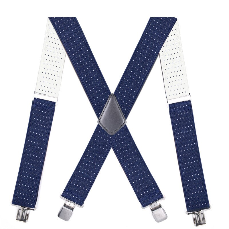 5cm Wide Men Suspenders High Elastic Adjustable 4 Strong Clips Suspender Heavy Duty X Back Trousers Braces: Navy dots