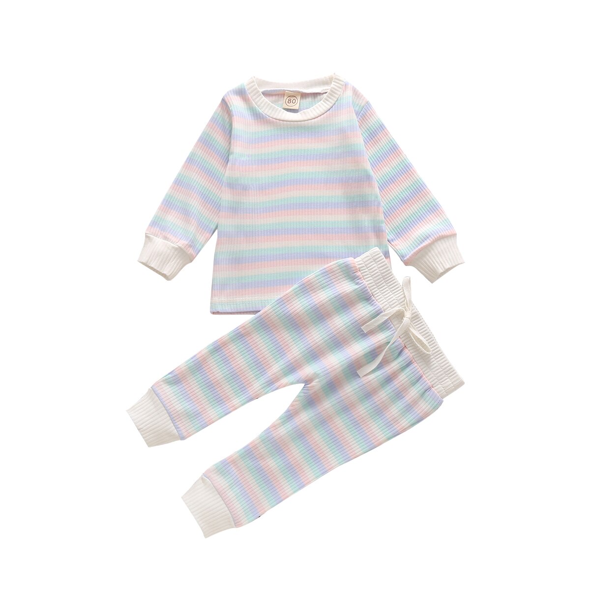 New Autumn Cotton Toddler Set di vestiti per bambini a righe a costine per bambini ragazze ragazzi abbigliamento per la casa pigiami maglie a manica lunga + pantaloni Set 2 pezzi: white / 120CM