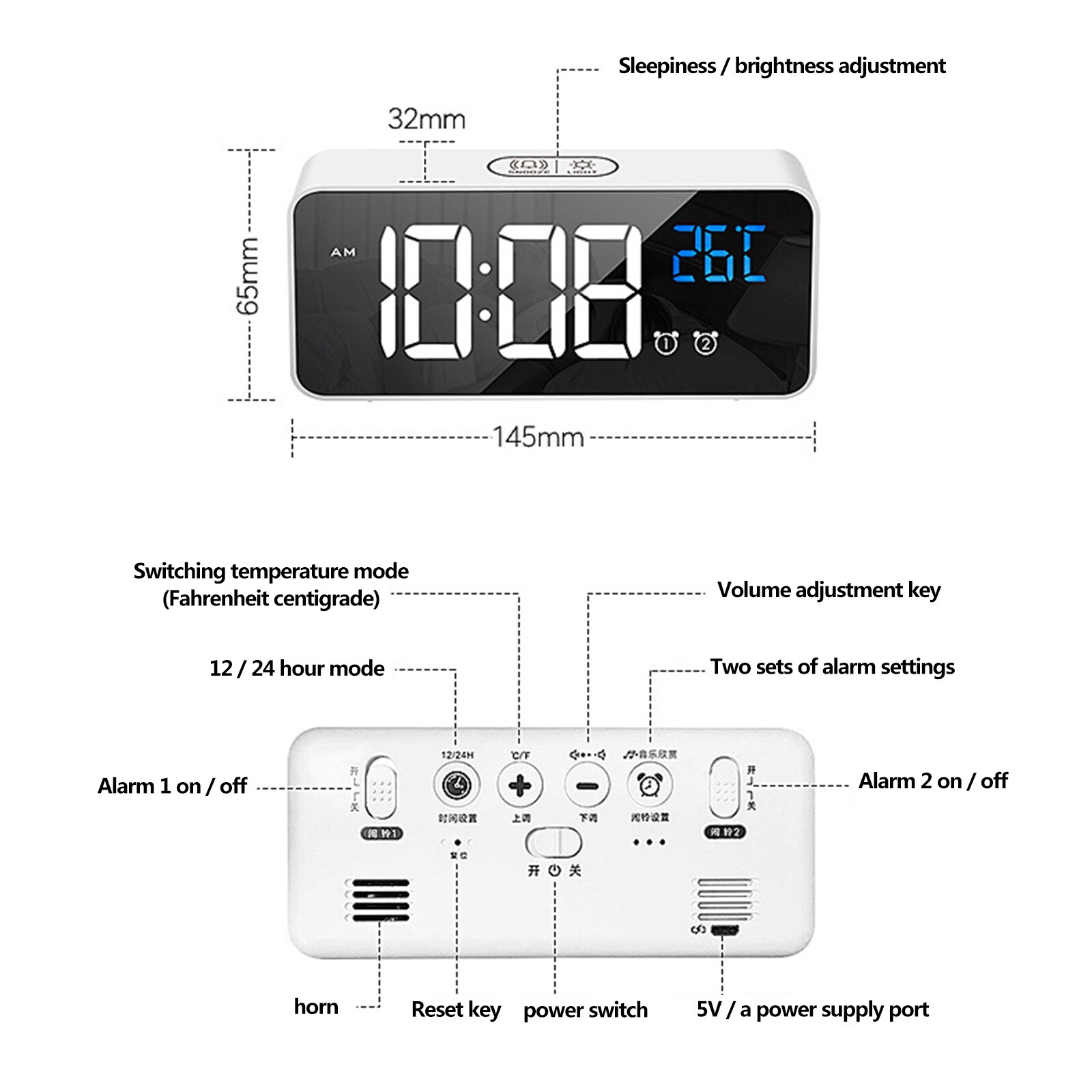 Music Alarm Clock LED Digital Clock 2 Alarms Voice Control Snooze Temperature Display Reloj Despertador Digital with USB Cable