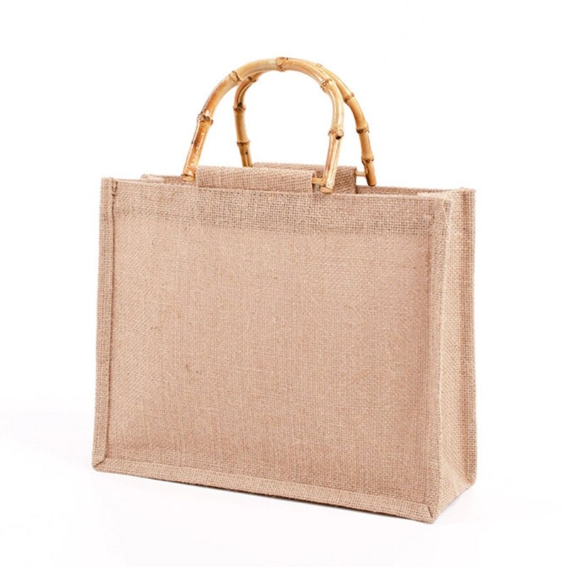 Portable Burlap Jute Shopping Bag Handbag Bamboo Loop Handles Reusable Grocery Bags