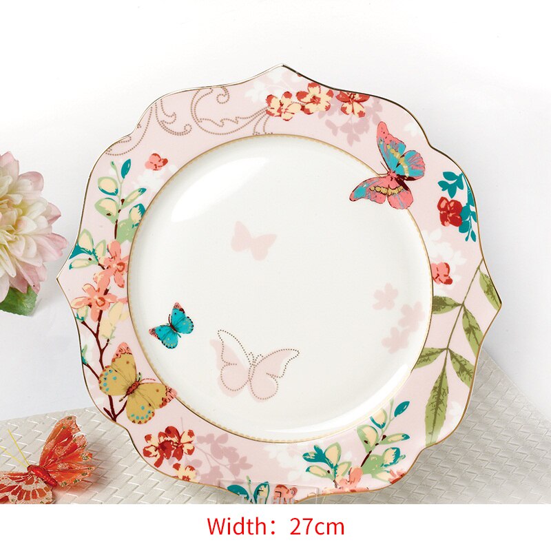 Ceramic Plate Set Glazes Party Flora Tableware Set Porcelain Breakfast Dessert Plates Dishes Noodle Bowl Coffee Cup Home Decor: pink 11 inch plate