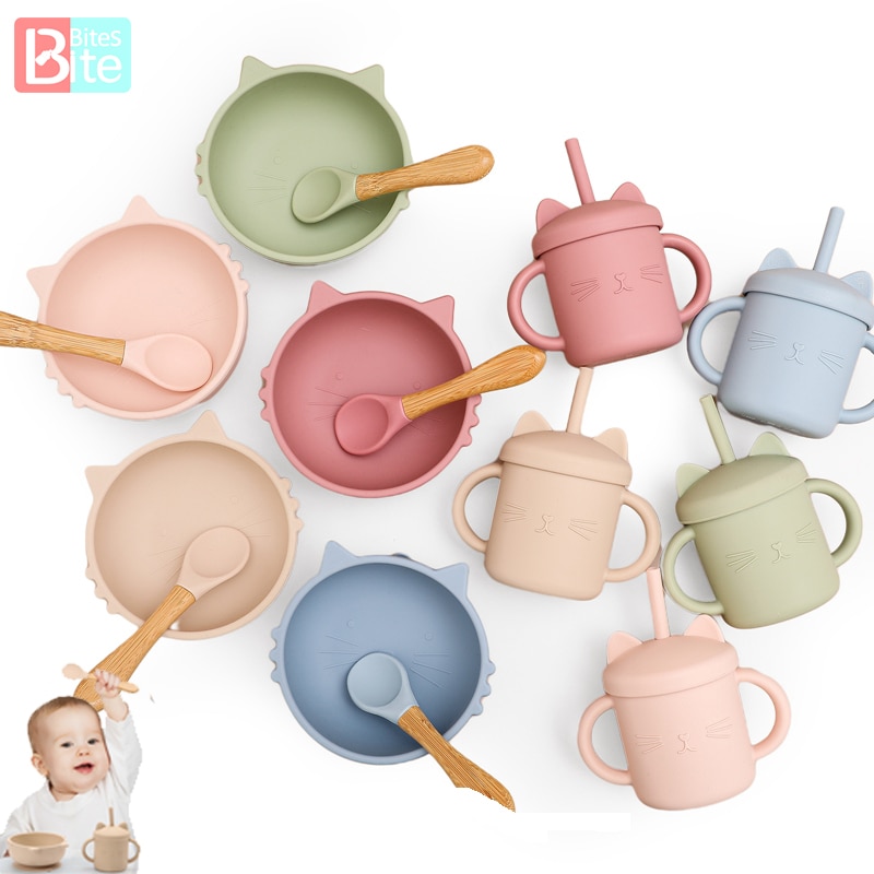 Siliconen Babyvoeding Servies 3 Stks/set Siliconen Zuignap Cup Kat Strokop Kinderen Antislip Keuken Benodigdheden Bpa gratis