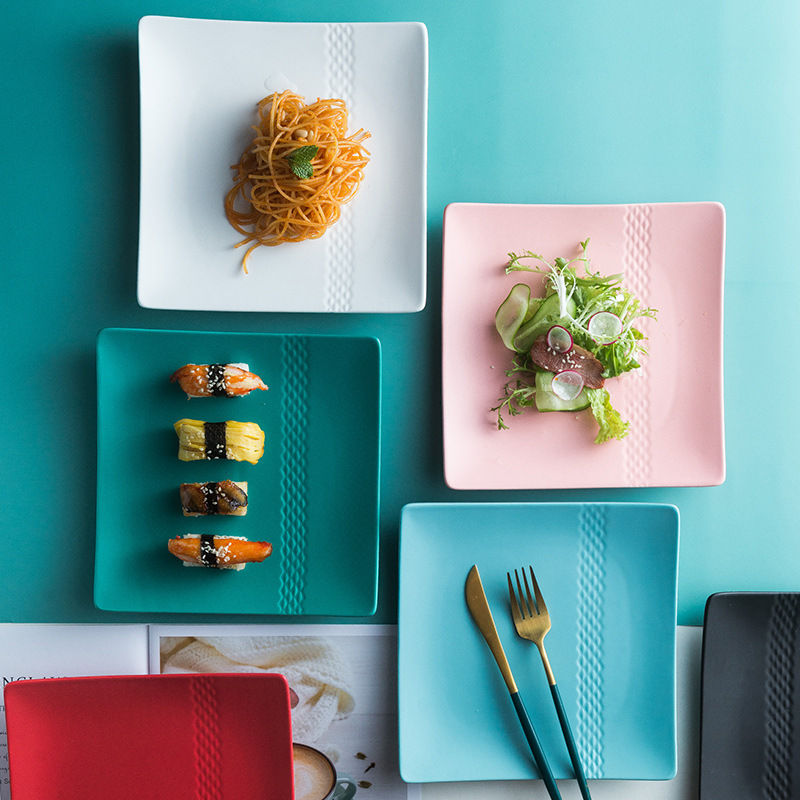 8 tommer japansk firkantet flad keramisk plade solid diamantstrimmel porcelæn middagstallerken bøf sushi frugtbakke pasta snack skål
