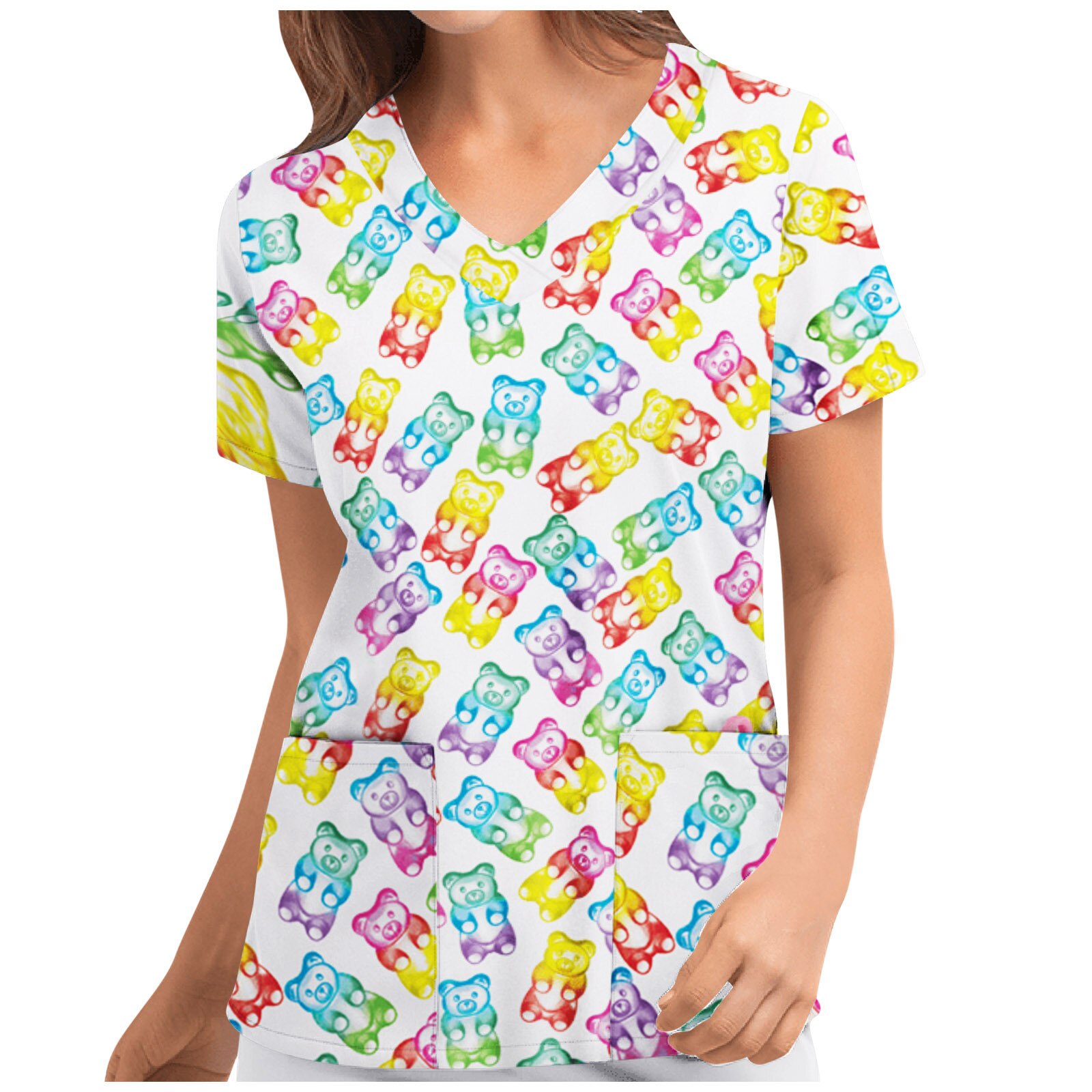 Neueste Krankenschwester Uniform Spitzen Frauen Plue Größe Tier drucken lässig Kurzarm V-ausschnitt Pflegeperson oben Ostern Pflege uniforme enfermera