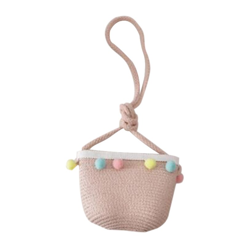 Gorro de paja tejida con ala ancha para niños y niñas, gorro de playa con pompón colorido, cubo flexible, bolso portátil: BB7314PK2