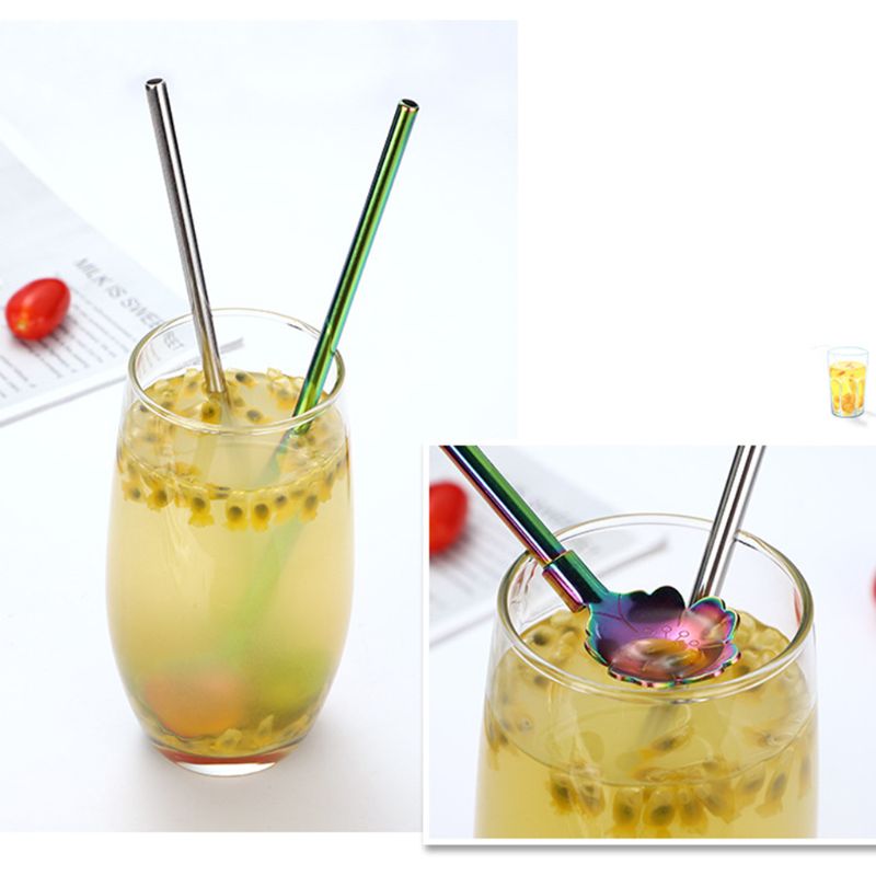 7 st rostfritt stål lång halmsked omrörningsskopa återanvändbar kaffe te drink cocktail mixer tesked
