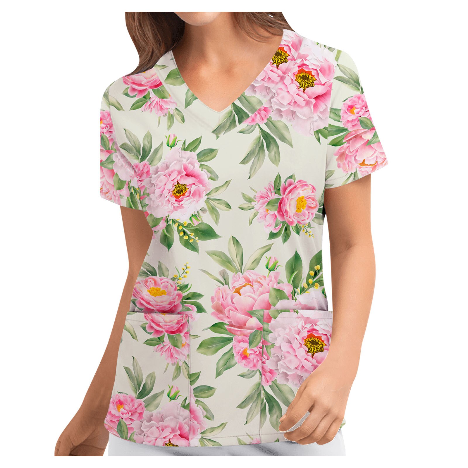 Vrouwen Blouse Korte Mouw V-hals Bloemen Patroon Femme Tops Kliniek Kleding Met Pocket Verpleging Werken Uniform Shirts