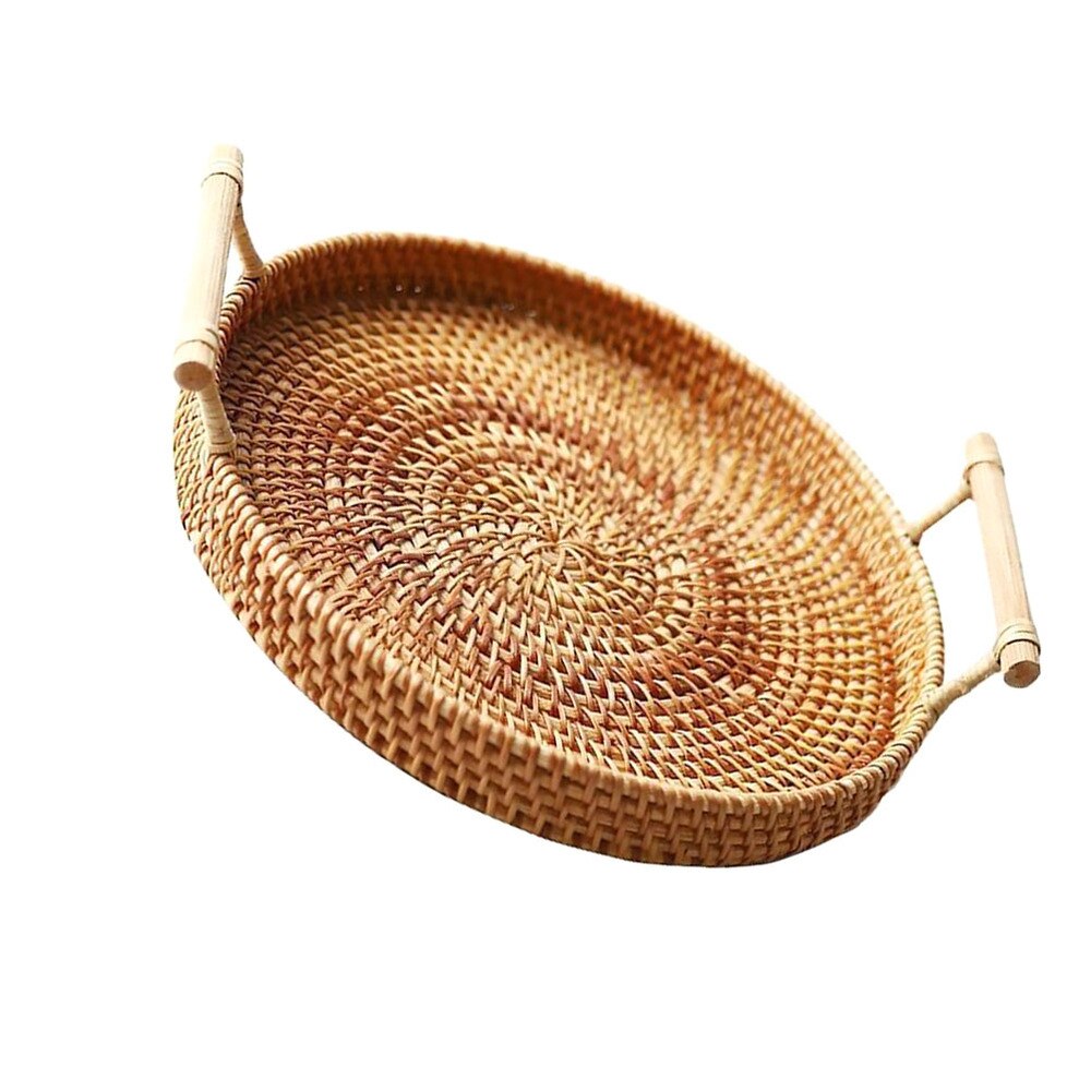 1PC Rattan Woven Basket Practical Picnic Ratten Tray Outdoor Storage Basket Portable Picnic Basket (Medium, Diameter 28x3.5cm): Brown