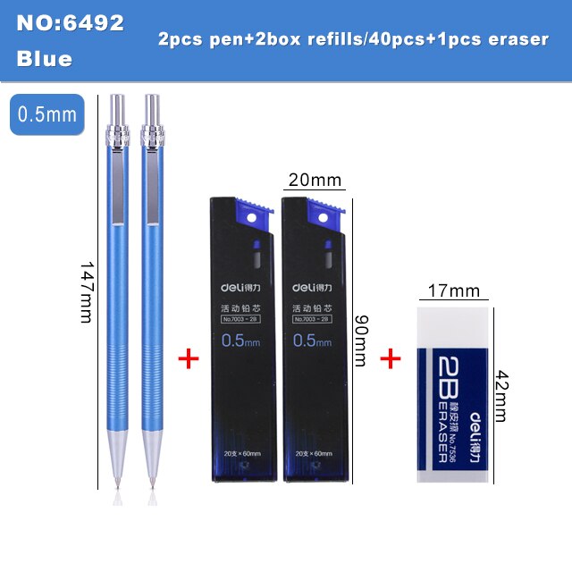Deli Metal Mechanical Pencil 0.5 0.7mm Lead 2B Drawing Writing Activity Pencils For Artist School And Office Stationeries: 6492-Blue-0.5mm