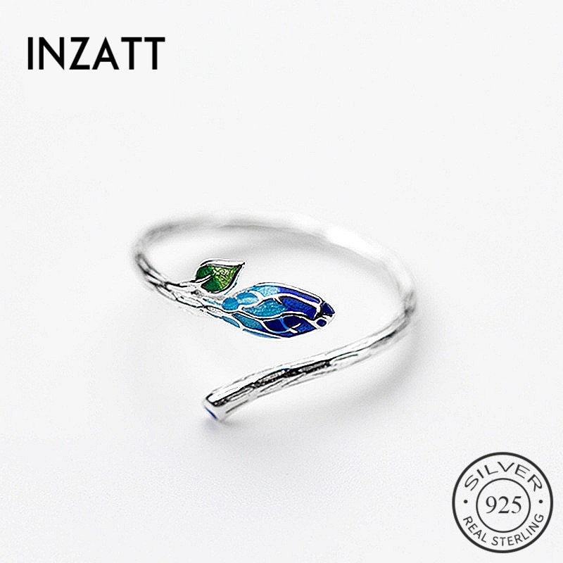 Inzatt Vintage Charm 925 Sterling Zilver Kleur Gradiënt Emaille Bud Plant Verstelbare Ring Fijne Sieraden Voor Vrouwen