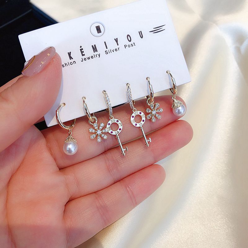 Pearl And Key And Flower Sets Hoop Earrings Sets For Women Gold Color 6-piece Earring Jewellery Accessories