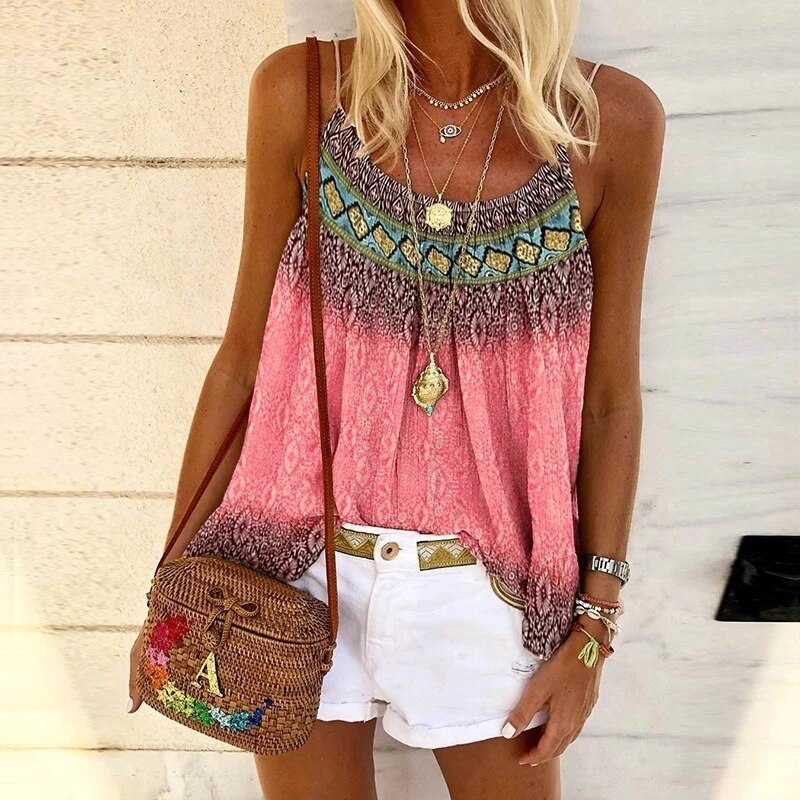 Camisetas sin mangas con tirantes para mujer, ropa Sexy informal de verano para playa, impreso bohemio, Floral, sin mangas,: L / Rosa