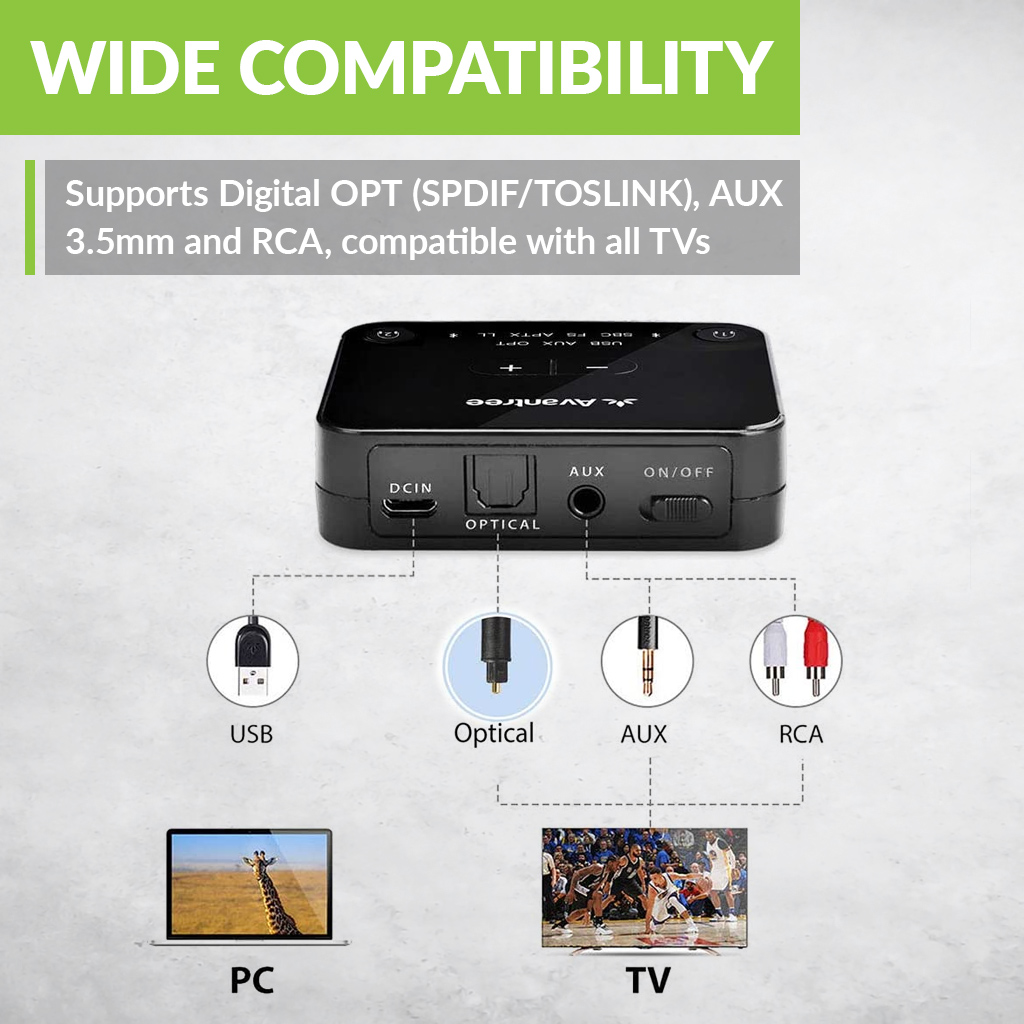 Avantree-transmisor Audikast Plus con Bluetooth 5,0, adaptador de Audio inalámbrico de baja latencia aptX para TV y PC con Control de volumen