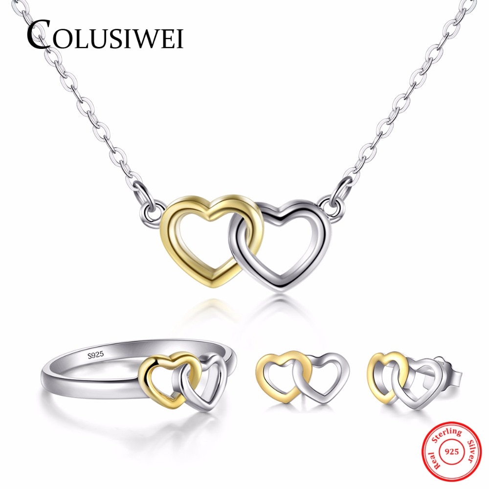 COLUSIWEI Genuine 100% 925 Solid Silver Ring & Stud Earrings Double Hearts Gold White Color Engagement Jewelry Set