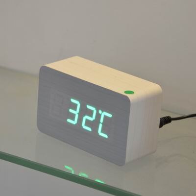 Fibisonic Houten Wekkers Met Thermometer, Geluidsregeling Hout Led Klokken, Digitale Bureau En Tafel Klok: white with green