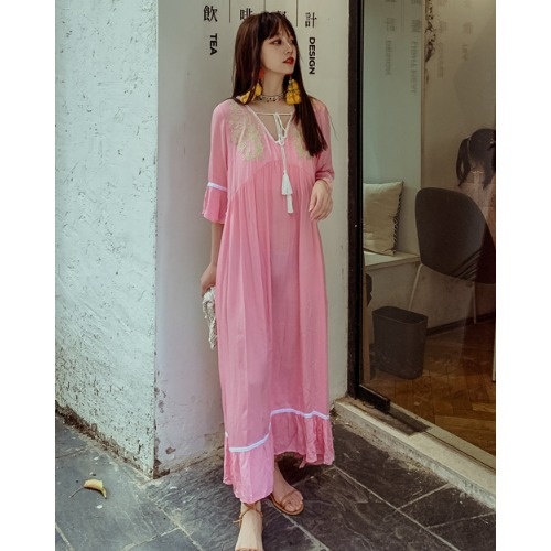 Vestido largo bohemio de algodón con bordado para mujer, ropa india, Kurta, estilo étnico, largo, para vacaciones en la playa: Pink / M