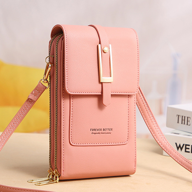 Brand Phone Shoulder Bags Women PU Leather Screen Touch Crossbody Bags Ladies Small Handbags Female: Pink