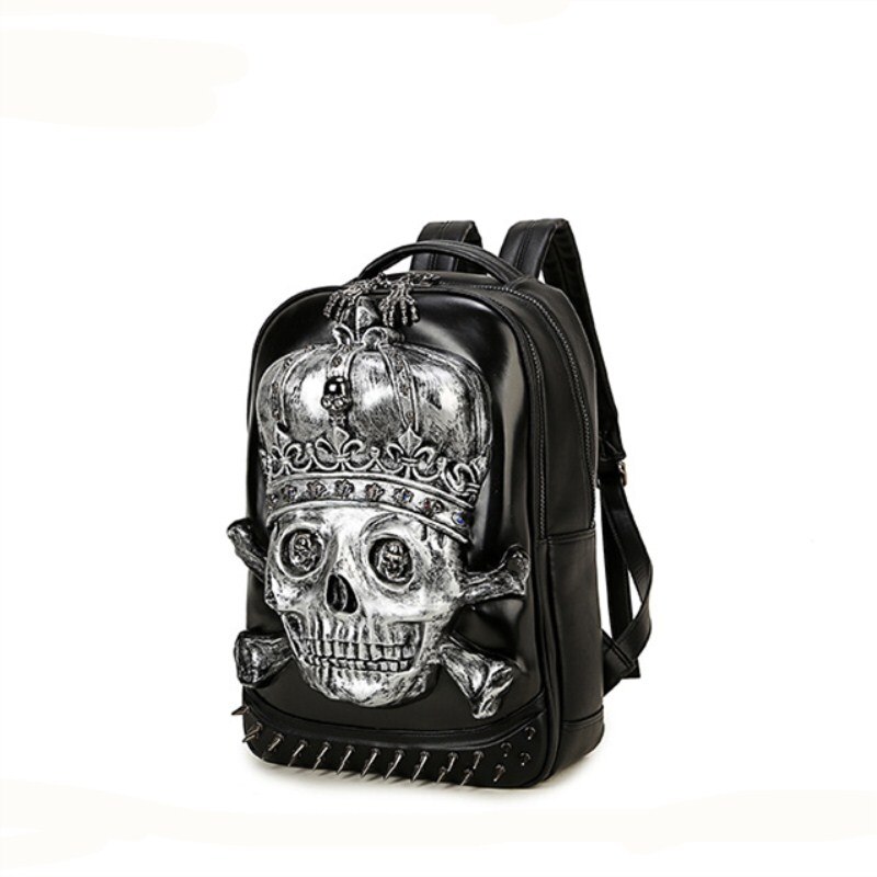 3D Backpack Men Personality Travel Backpack Gothic Crown Skull Rivet Motorcycle Ride Unique
