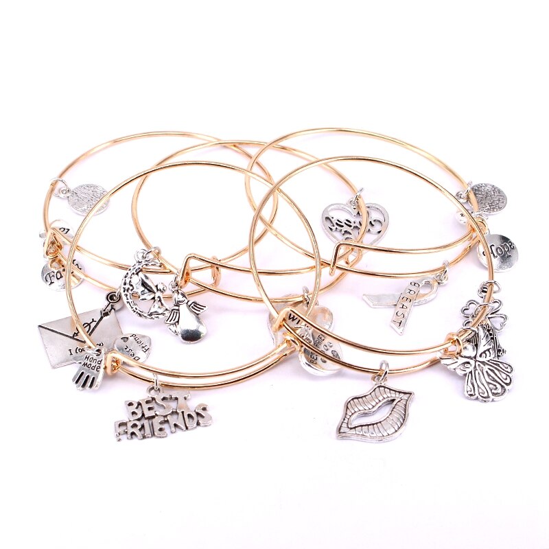 5 pçs conjunto de pulseiras de arame para mulheres meninas jewllery lábios misturados melhores amigos câncer de mama amor coração charme pulseiras c041