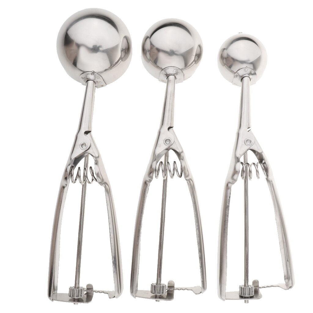 3x Stainless Steel Ice Cream Mashed Potato Cookie Scoop Spoon Spring Handle
