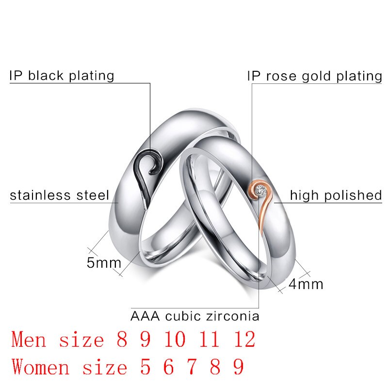 Vnox Couple bague pour femmes hommes coeur acier inoxydable promesse bijoux
