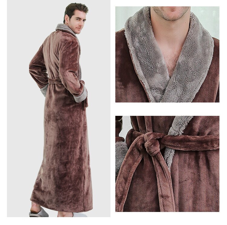 Fdfklak Men's Flannel Bathrobe Winter Long Thick Warm Sleepwear Long Sleeve Dressing Gown Male Casual Home Wear